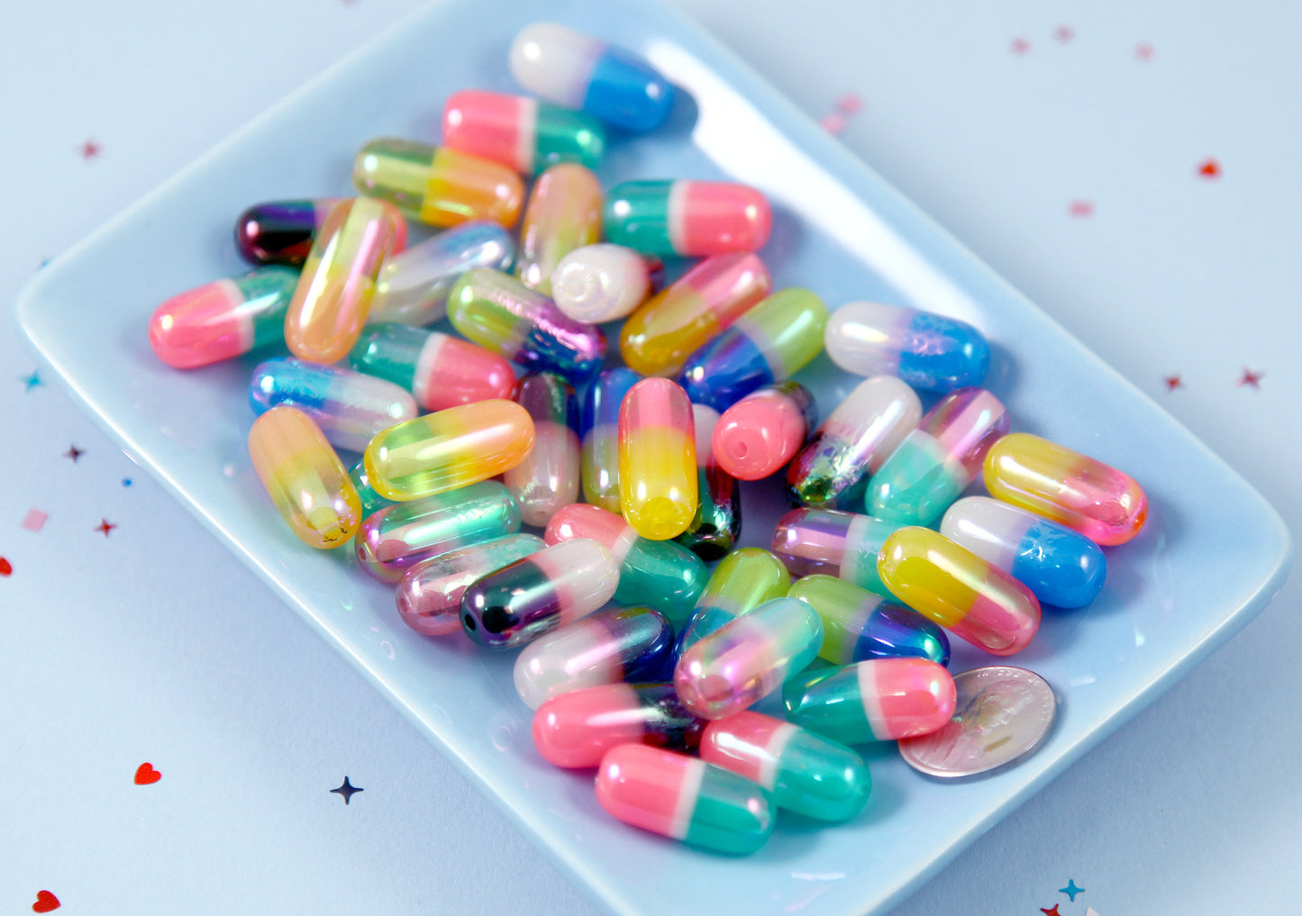 Pill Beads - 21mm Colorful Capsules Fake Pills Plastic or Resin Beads - 10 pc set