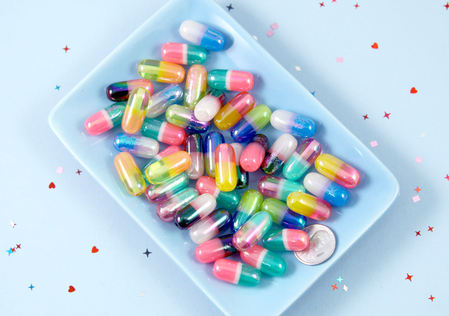 Pill Beads - 21mm Colorful Capsules Fake Pills Plastic or Resin Beads - 10 pc set