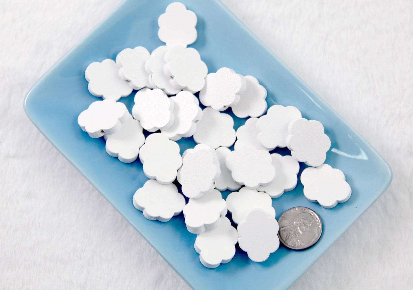 Cloud Beads - 20mm Cute White Clouds Painted Wood Beads - 35 pc set