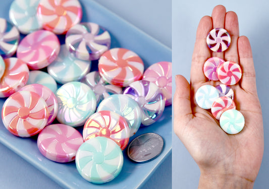 Candy Beads - 23mm Amazing AB Pastel Peppermint Swirl Beads Bright Pastel Color Candy Shape Chunky Acrylic or Resin Beads - 10 pc set