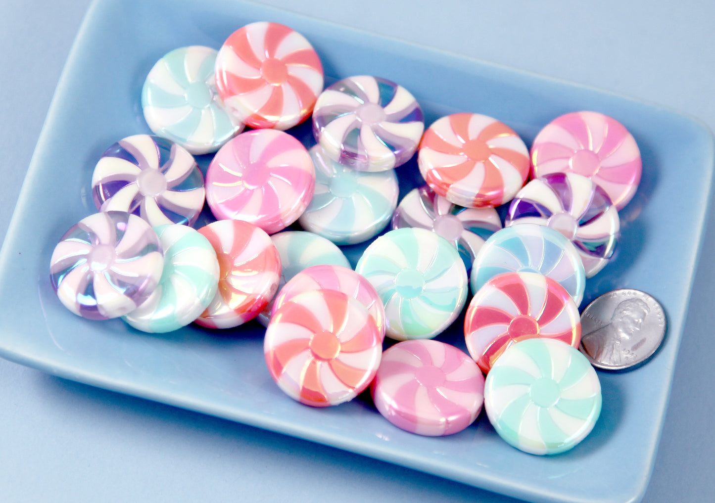 Candy Beads - 23mm Amazing AB Pastel Peppermint Swirl Beads Bright Pastel Color Candy Shape Chunky Acrylic or Resin Beads - 10 pc set