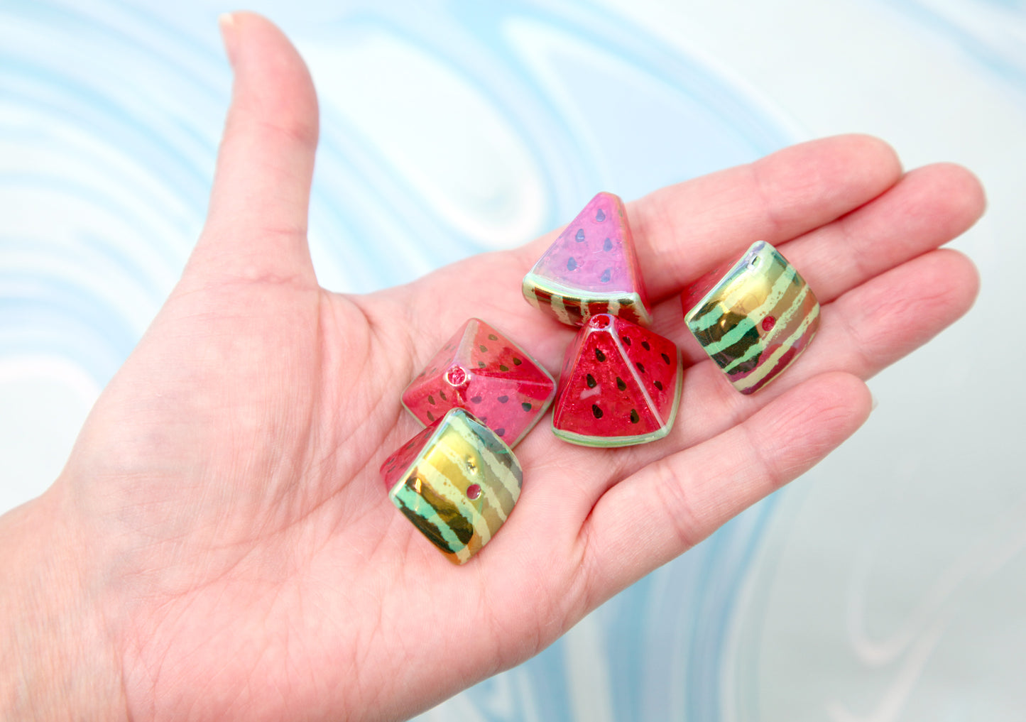 Big Watermelon Beads - 24mm Amazing AB Chunky Watermelon Slices Bead - Shiny Fake Fruit Acrylic or Resin Beads (5 pieces)
