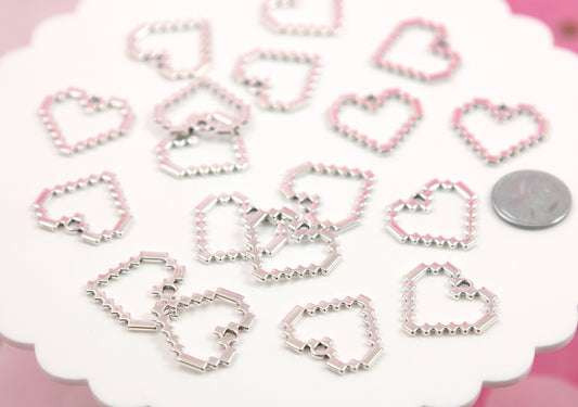 Pixel Heart Charms - 10 pieces - 24mm Metal Pixely Heart Outline Charm - Easy to Make into Earrings