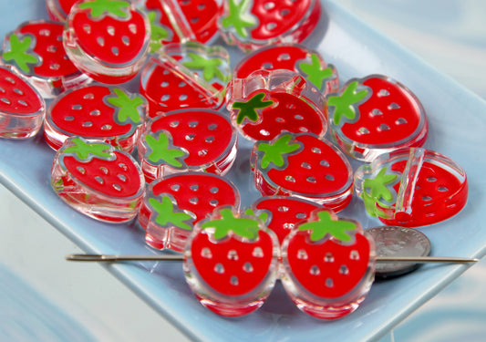 Strawberry Beads - 25mm Cute Classic Enameled Strawberry Bead - Transparent Acrylic or Resin Beads (12 pieces)