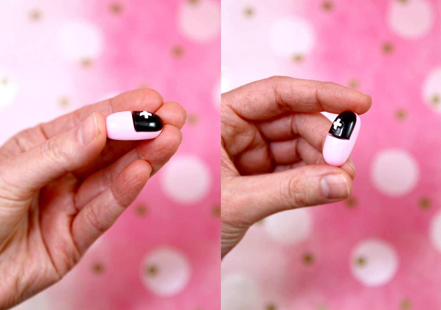 Cute Pills Flat Backs - 12 pieces - 25mm Black and Pink Pill Resin Cabochons or Flatbacks