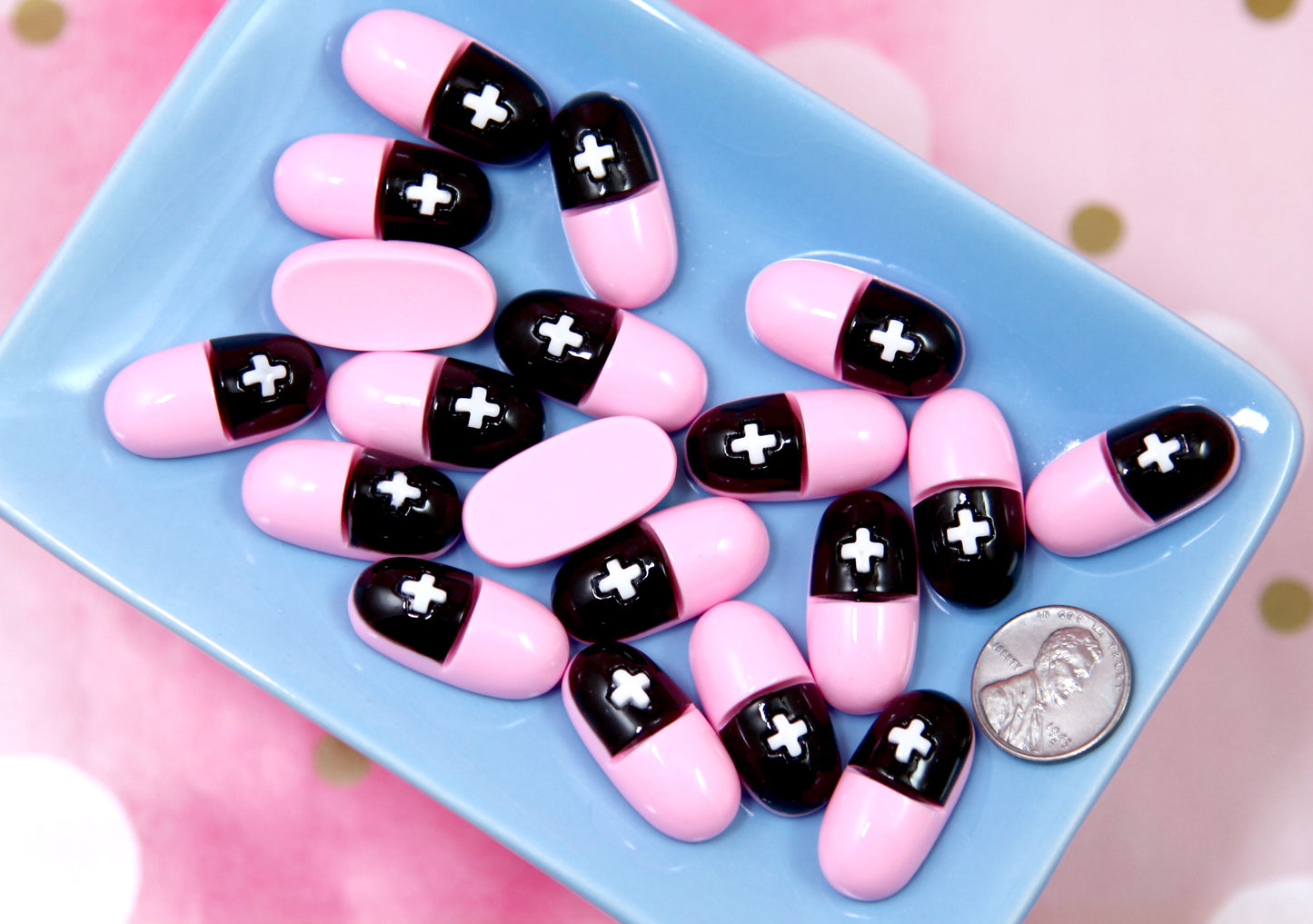 Cute Pills Flat Backs - 12 pieces - 25mm Black and Pink Pill Resin Cabochons or Flatbacks