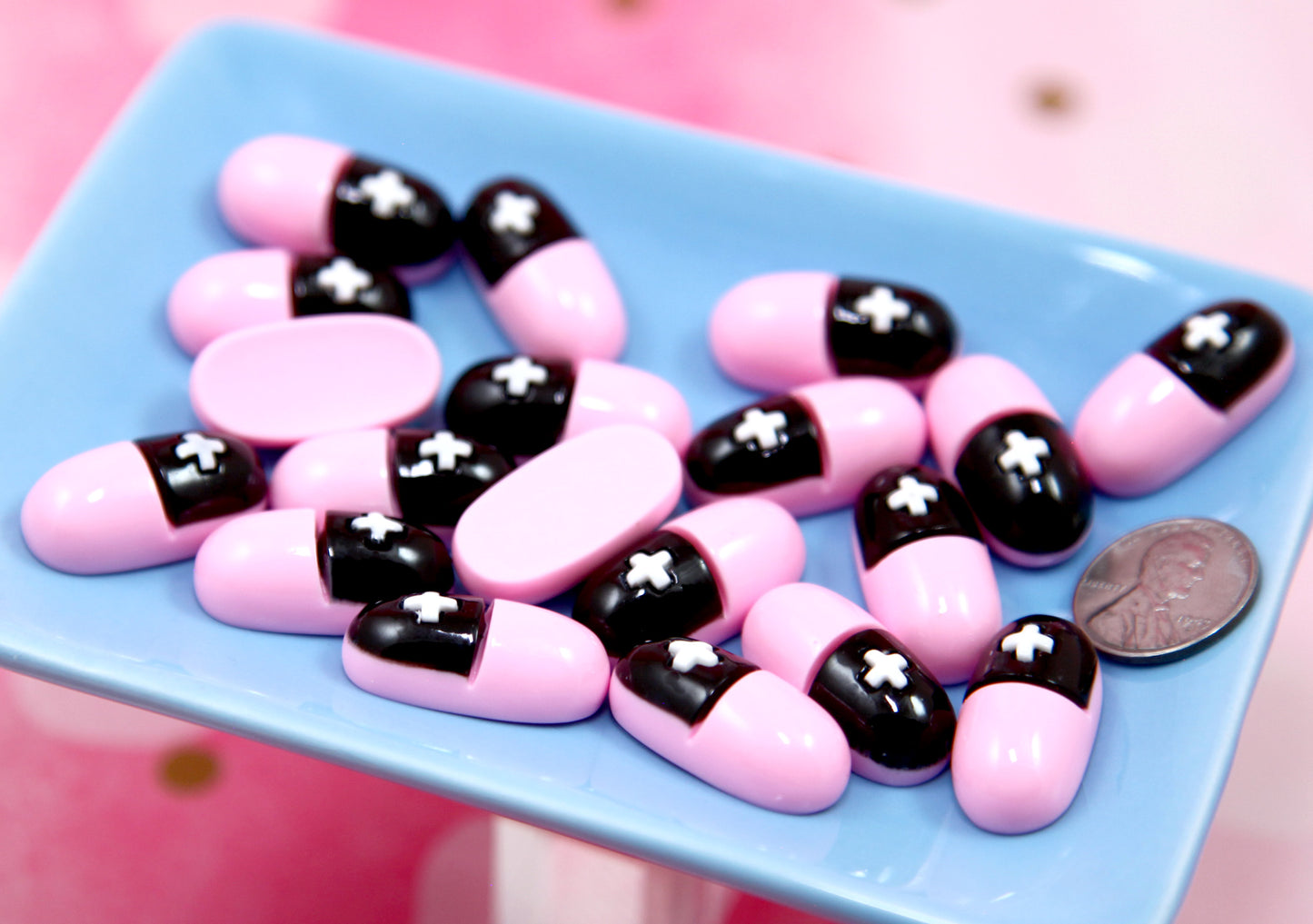Cute Pills Flat Backs - 12 pieces - 25mm Black and Pink Pill Resin Cabochons or Flatbacks