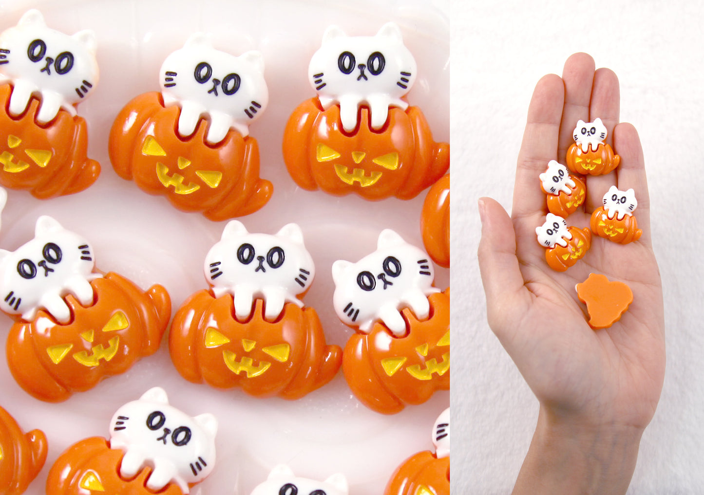 Cute Halloween Cabochon - Cat in Pumpkin Jack-o-lantern Acrylic or Resin Flat Back Cabochons - 6 pc set