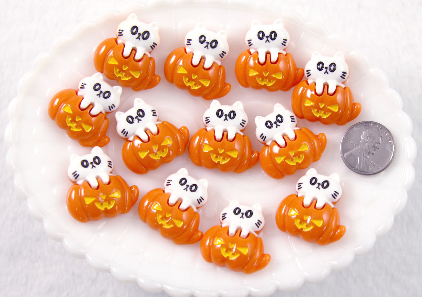 Cute Halloween Cabochon - Cat in Pumpkin Jack-o-lantern Acrylic or Resin Flat Back Cabochons - 6 pc set