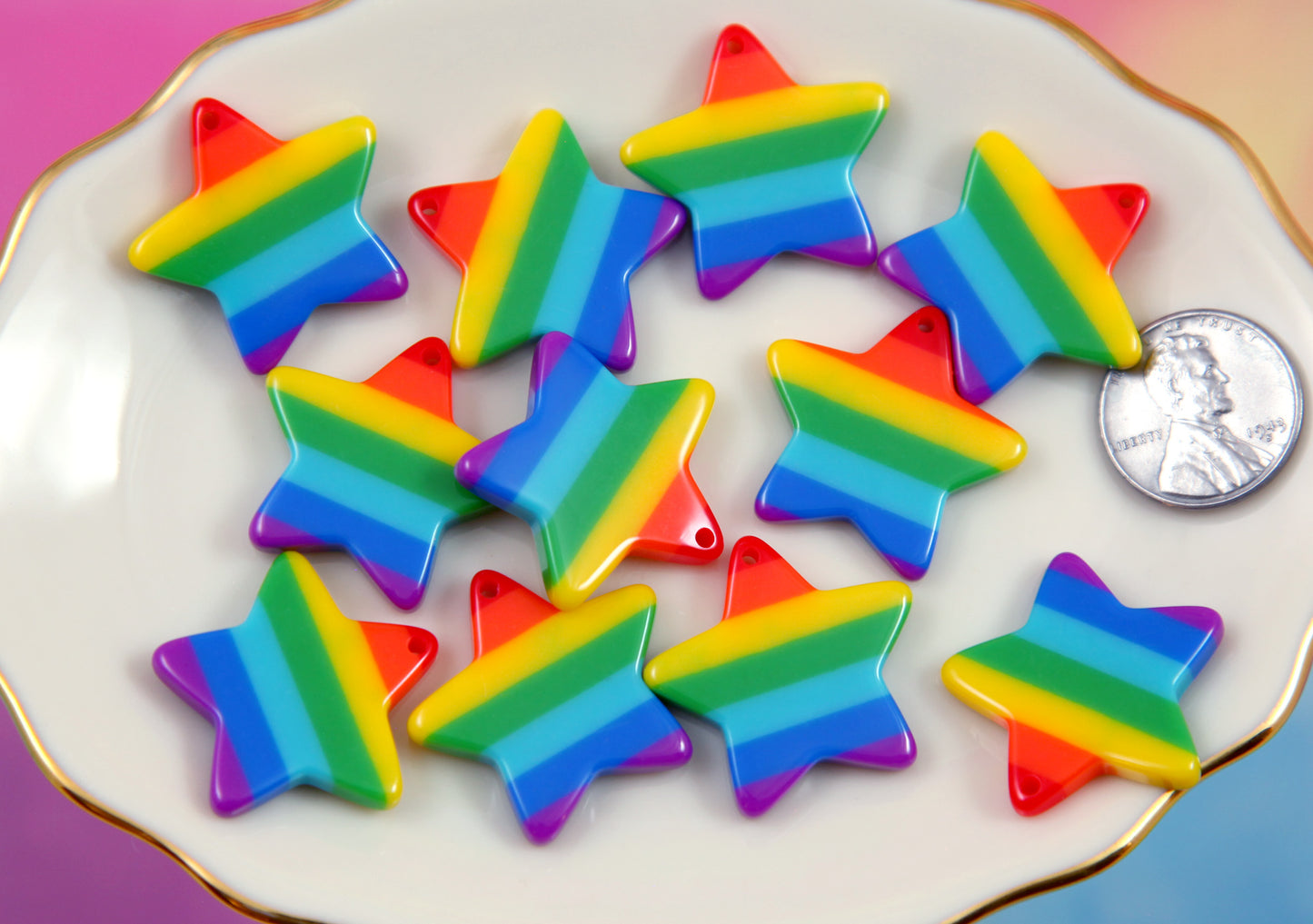 Rainbow Star Charm - 8 pieces - 25mm Rainbow Stripe Star Resin Charms or Pendants