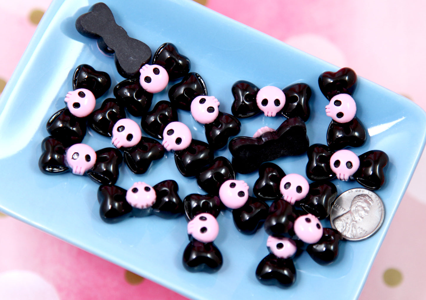 Skull Flat Backs - 12 pieces - 27mm Black Bows with Pink Skulls Cute Resin Cabochons or Flatbacks