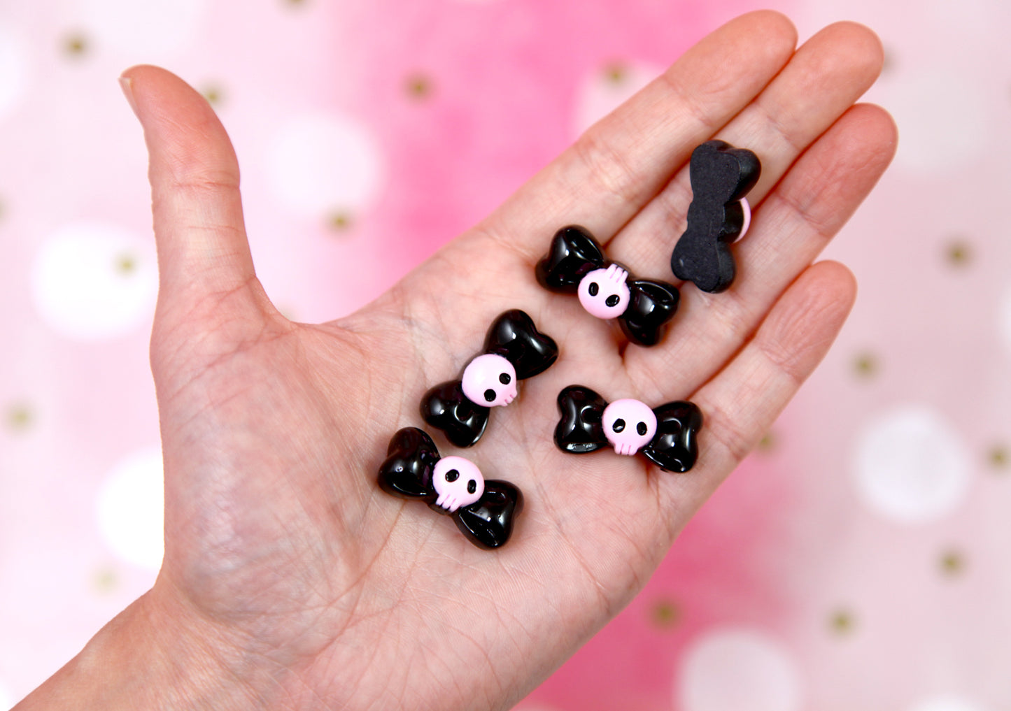 Skull Flat Backs - 12 pieces - 27mm Black Bows with Pink Skulls Cute Resin Cabochons or Flatbacks