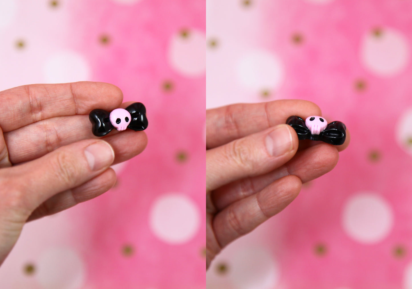 Skull Flat Backs - 12 pieces - 27mm Black Bows with Pink Skulls Cute Resin Cabochons or Flatbacks