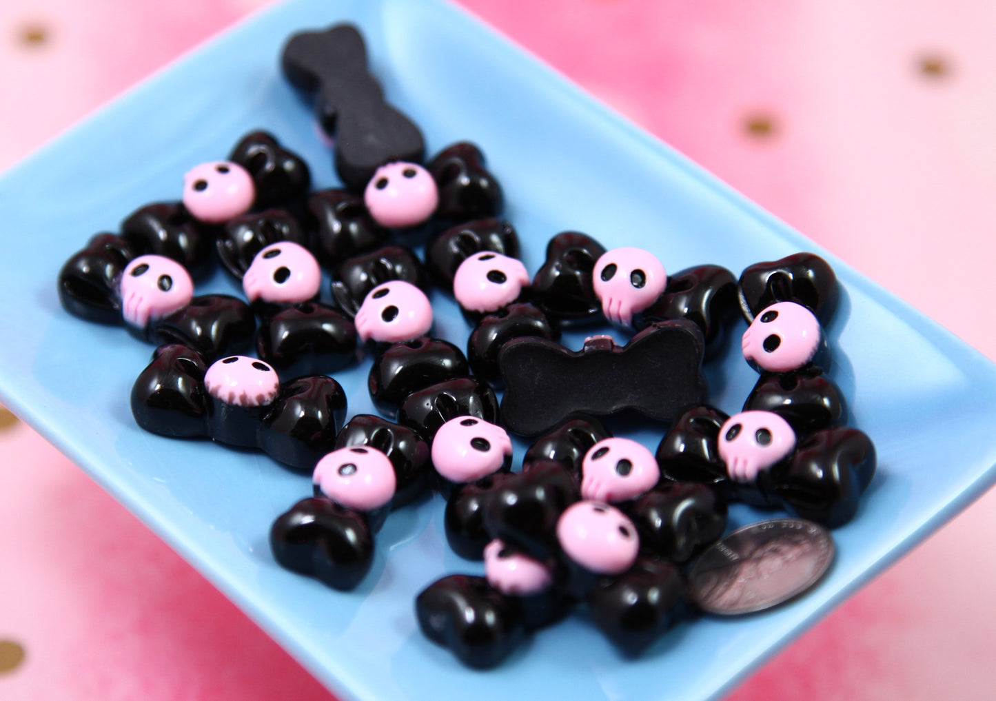 Skull Flat Backs - 12 pieces - 27mm Black Bows with Pink Skulls Cute Resin Cabochons or Flatbacks