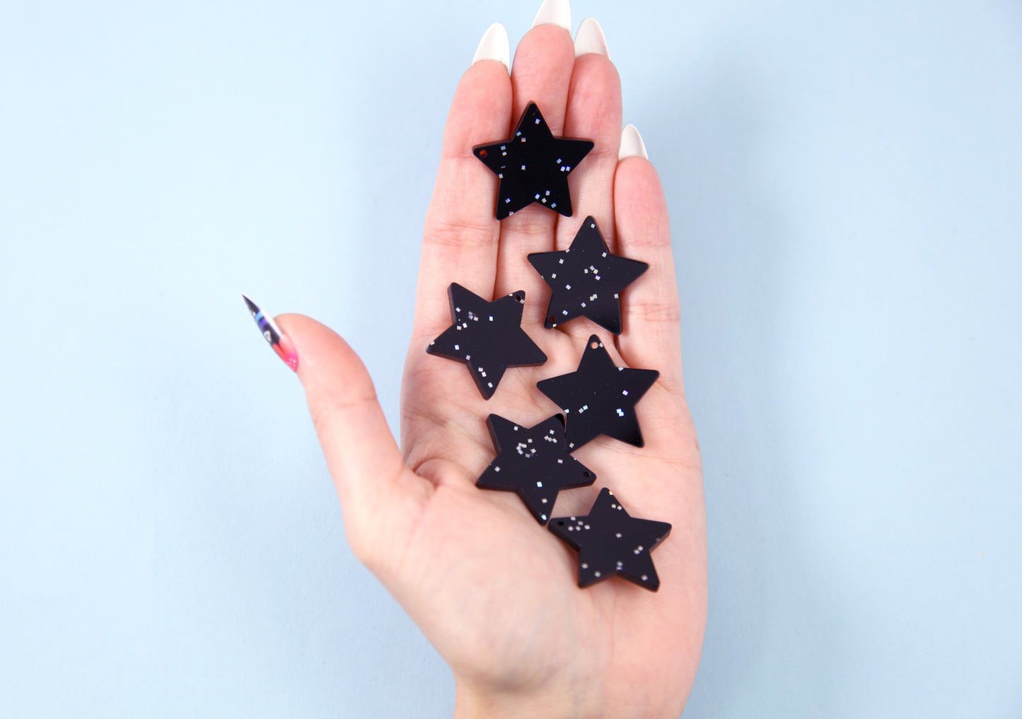 Star Charms - 30mm Black Glitter Star Acrylic or Resin Charms - 6 pc set