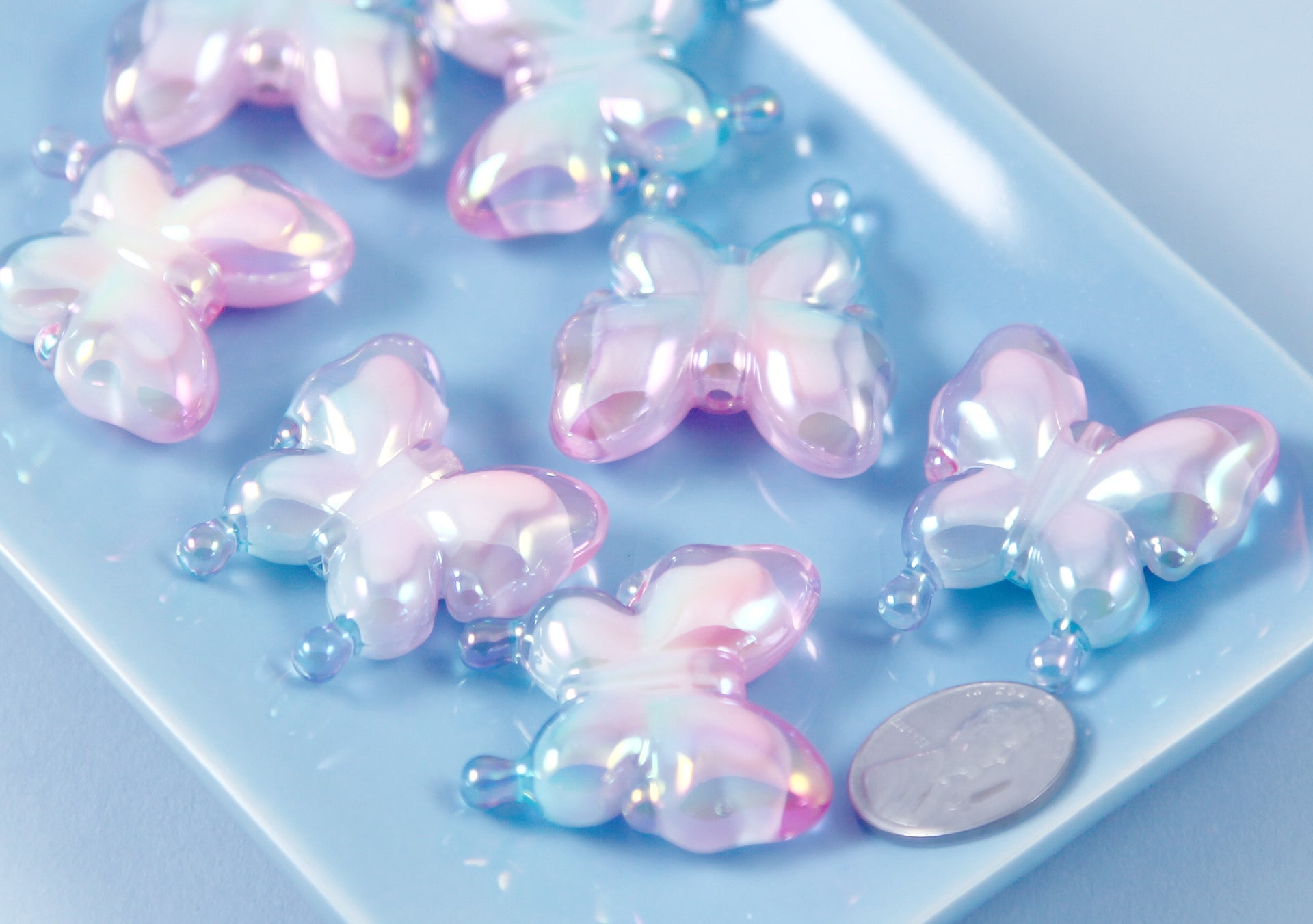 Butterfly Beads - 30mm Pastel Pink and Blue Gradient AB Butterfly  Iridescent Acrylic Beads or Resin Beads - 6 pc set