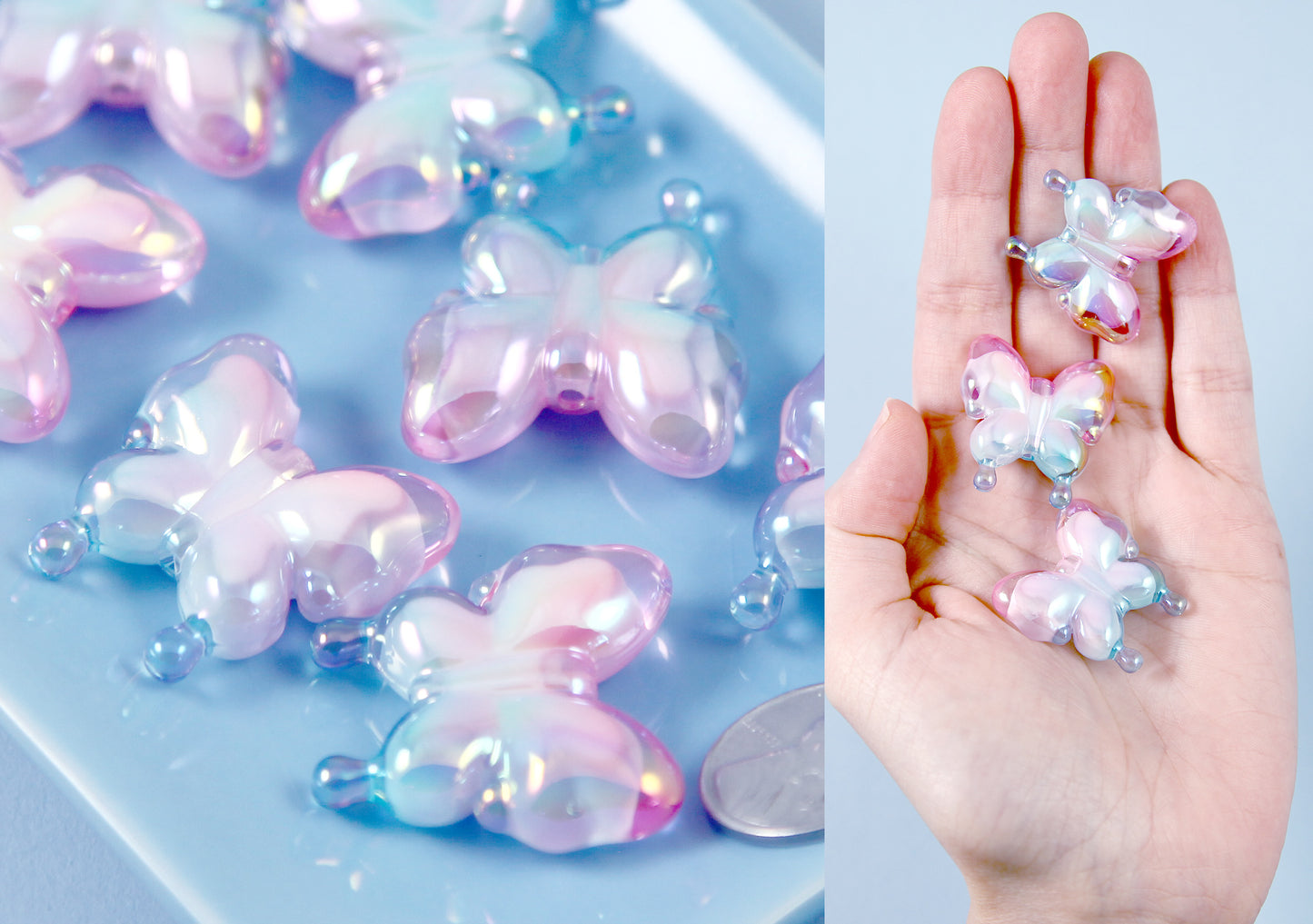 Butterfly Beads - 30mm Pastel Pink and Blue Gradient AB Butterfly Iridescent Acrylic Beads or Resin Beads - 6 pc set