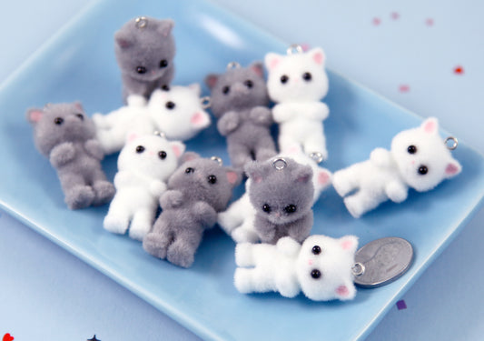 Cute Kitten Charms - 35mm Mini Fuzzy Kitty Cat Pendant Kawaii Acrylic or Plastic Charms - 2 pc set