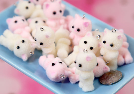 Cute Kitten Charms - Pink and Cream Color - 35mm Mini Fuzzy Kitty Cat Pendant Kawaii Acrylic or Plastic Charms - 2 pc set
