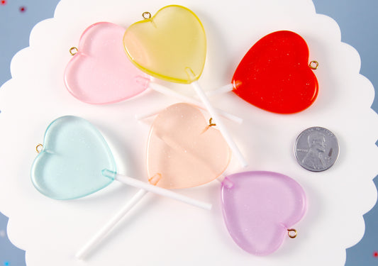 Fake Candy Charms - 83mm Big Heart Shaped Fake Lollipop Faux Candy Acrylic or Resin Charms- 6 pc set