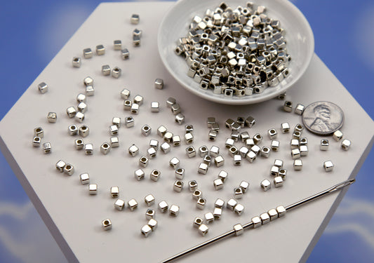 Cube Spacer Beads (200 pcs) 4mm TINY Mini Cube Bead - Electroplated Silver Plastic - with Holes to Easily make Jewelry