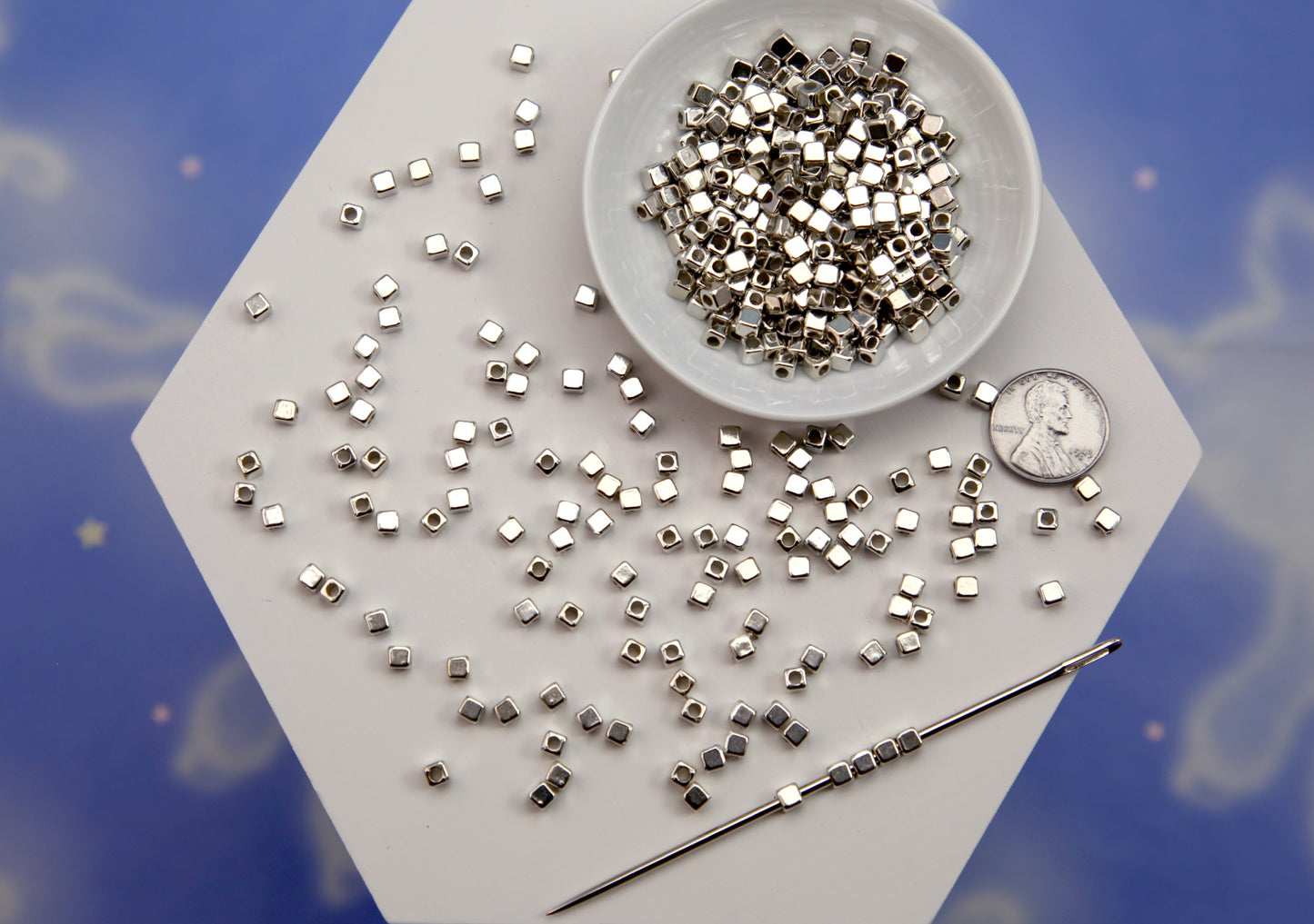 Cube Spacer Beads (200 pcs) 4mm TINY Mini Cube Bead - Electroplated Silver Plastic - with Holes to Easily make Jewelry