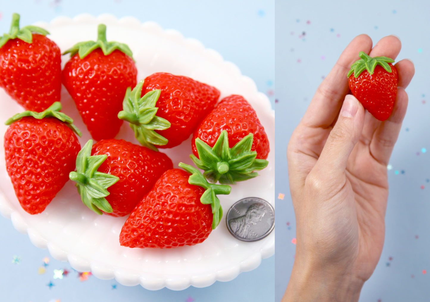 Fake Strawberry - 40mm Super Realistic Fake Strawberries Soft Silicone Strawberry or Resin Cabochons - 2 pc set