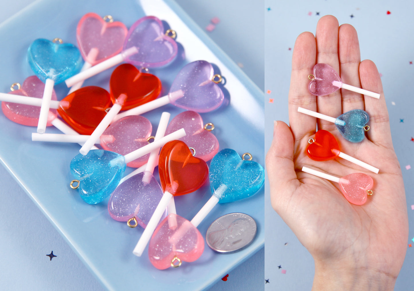 Heart Lollipop Charms - 21mm Small Heart Shaped Fake Candy Acrylic or Resin Charms - 12 pc set