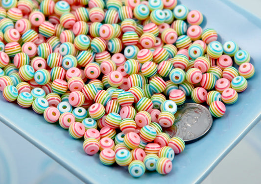 Rainbow Beads - 100 pieces - Tiny 6mm White Rainbow Striped Resin Beads, mini size plastic or acrylic beads
