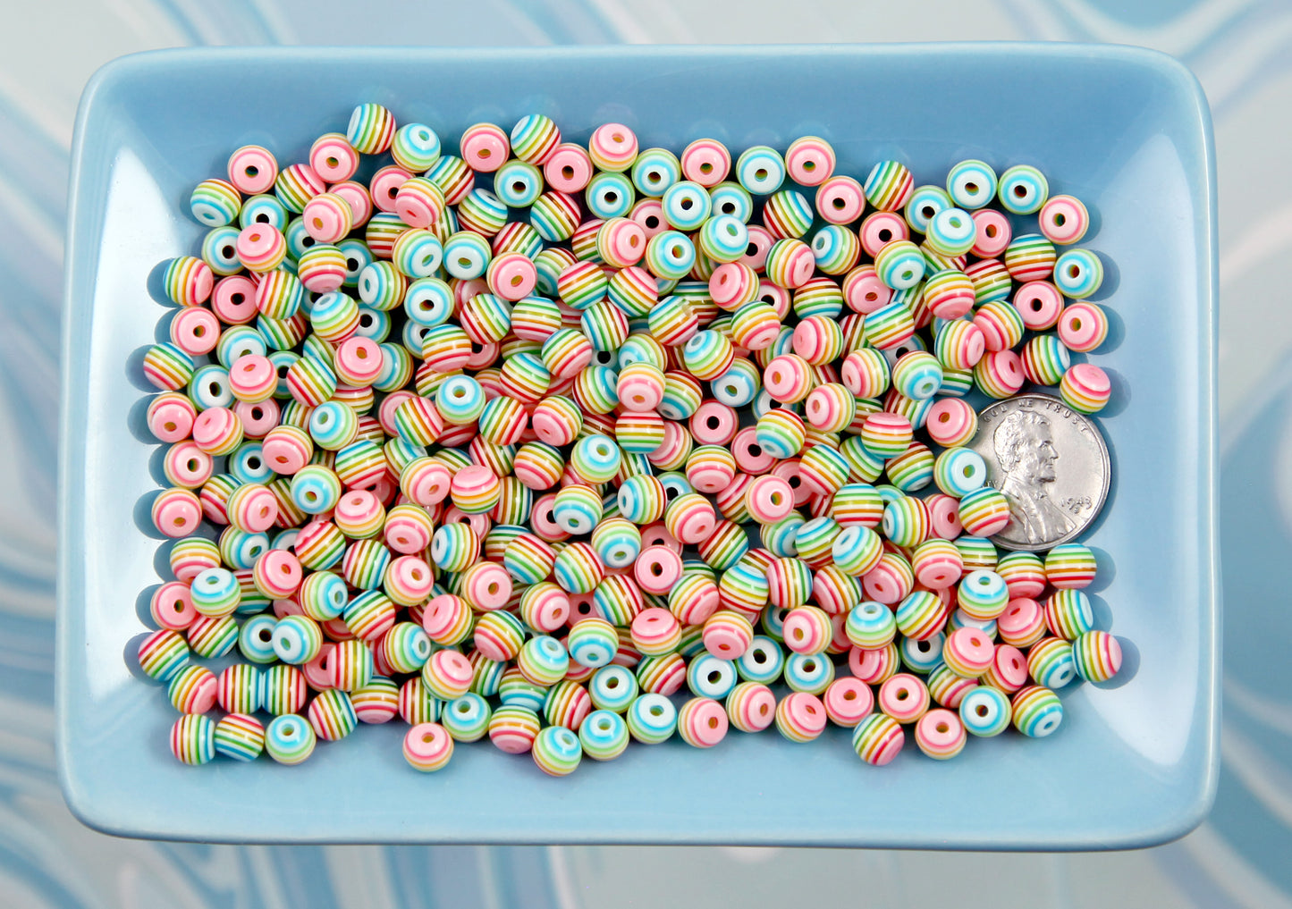 Rainbow Beads - 100 pieces - Tiny 6mm White Rainbow Striped Resin Beads, mini size plastic or acrylic beads