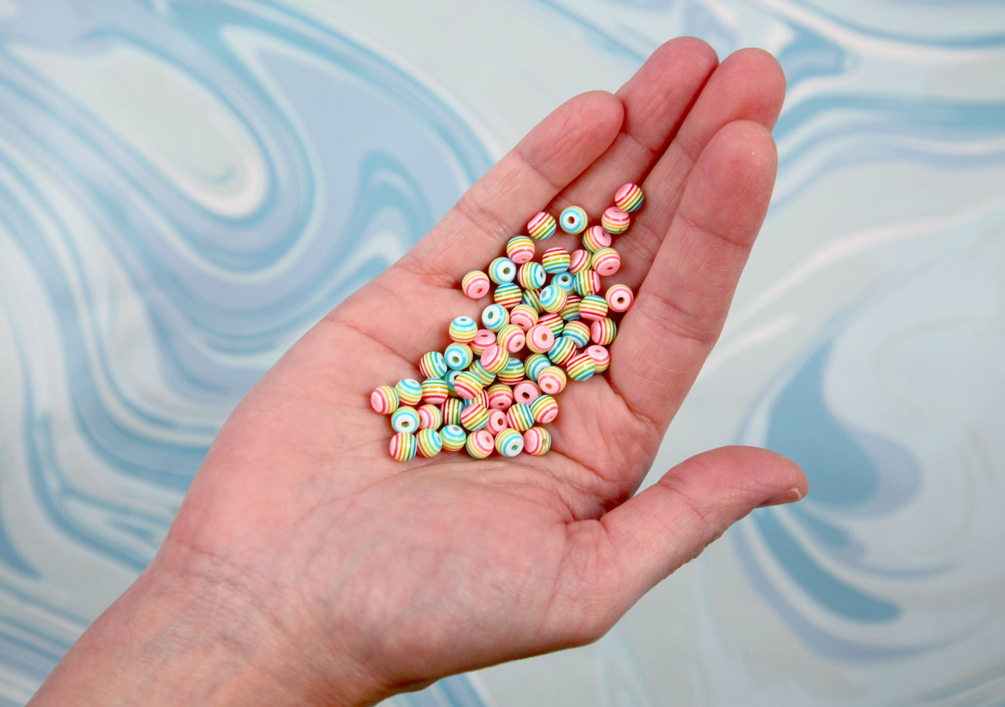 Rainbow Beads - 100 pieces - Tiny 6mm White Rainbow Striped Resin Beads, mini size plastic or acrylic beads