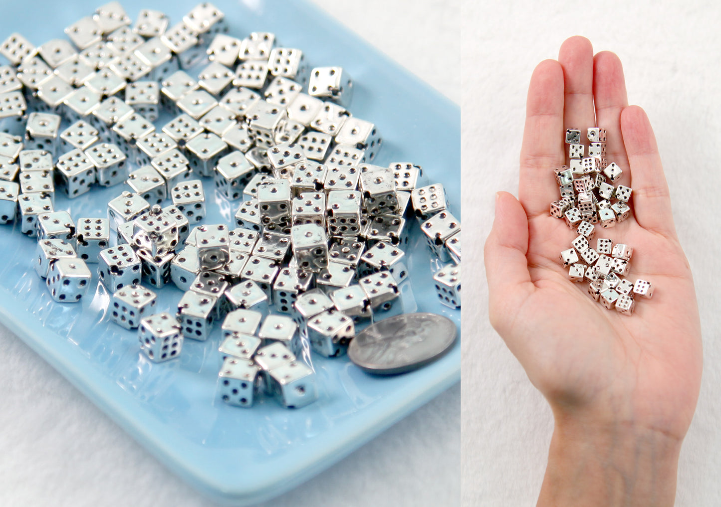 Tiny Dice Beads - 6mm Electroplated Silver Color Dice Diagonal Hole Plastic Beads - 120 pc set