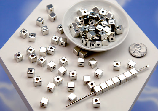 Electroplated Plastic Cube Beads (50 pcs) 7mm Silver Cubes - Drilled with Holes to Easily make Jewelry
