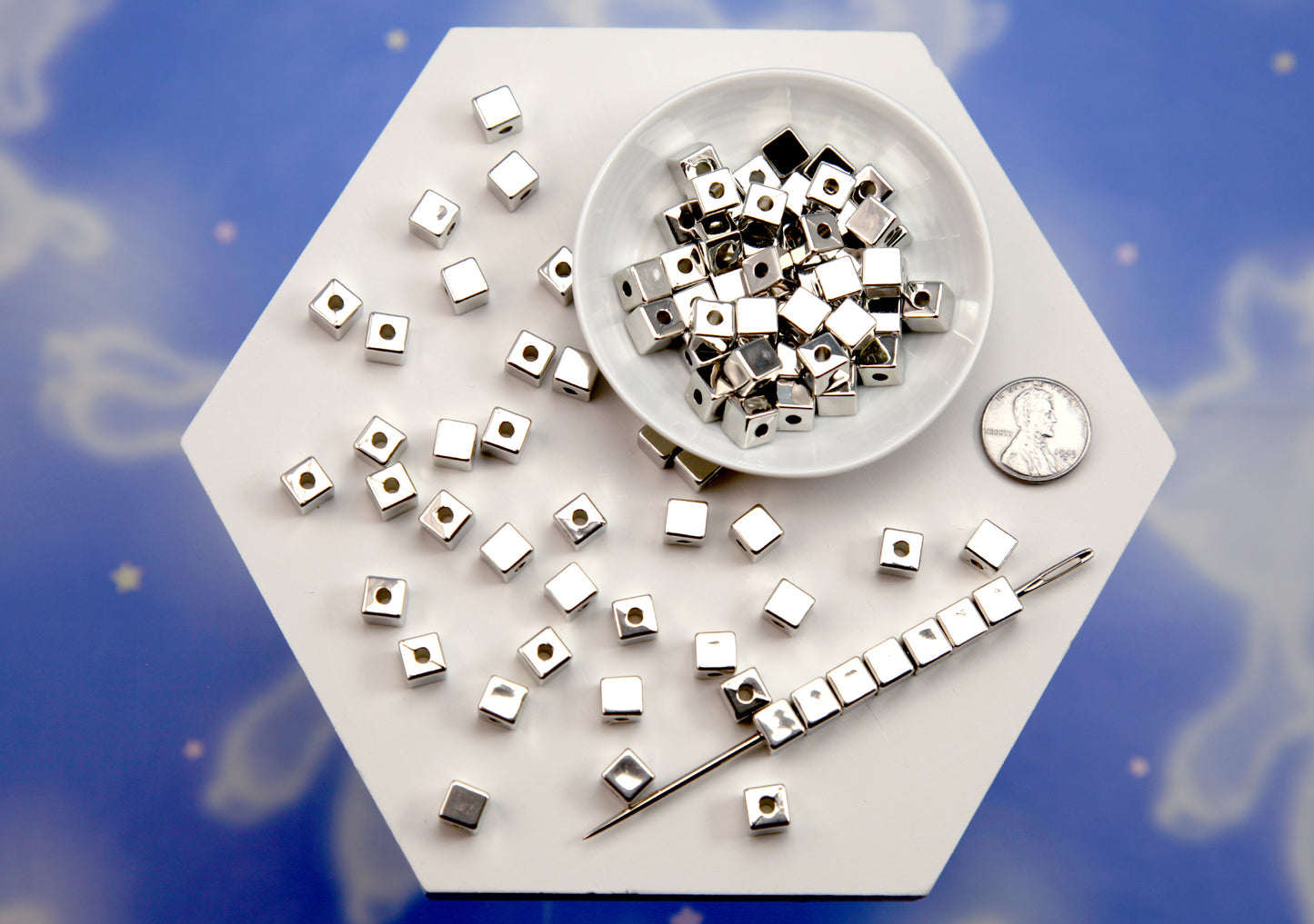 Electroplated Plastic Cube Beads (50 pcs) 7mm Silver Cubes - Drilled with Holes to Easily make Jewelry