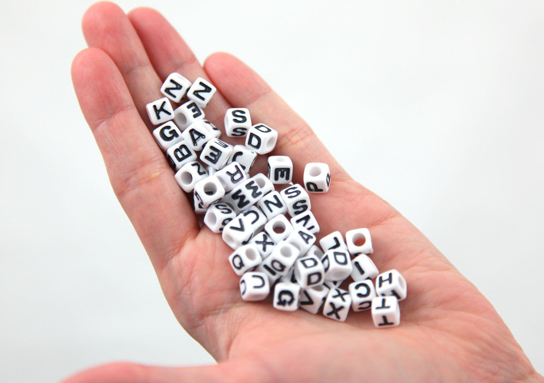 Letter Beads - 7mm Small Cube Square White Alphabet Acrylic or Resin Beads - 300 pc set