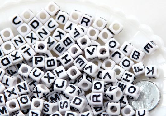 Letter Beads - 7mm Small Cube Square White Alphabet Acrylic or Resin Beads - 300 pc set