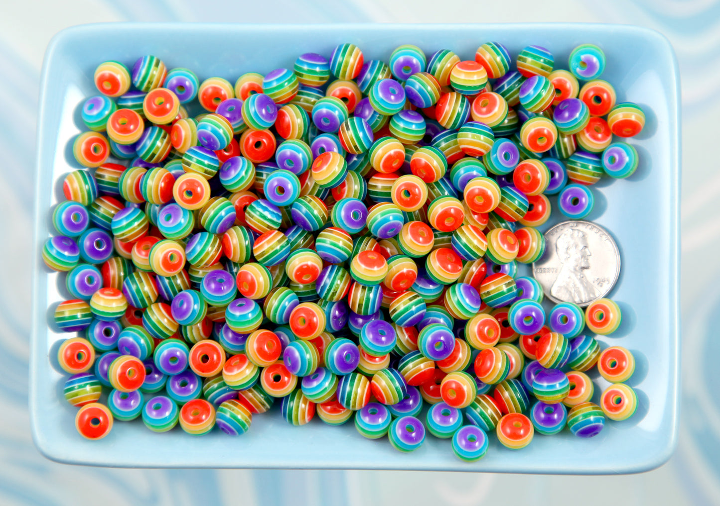Rainbow Beads - 80 pieces - 8mm Bright Rainbow Striped Resin Beads, small size plastic or acrylic beads