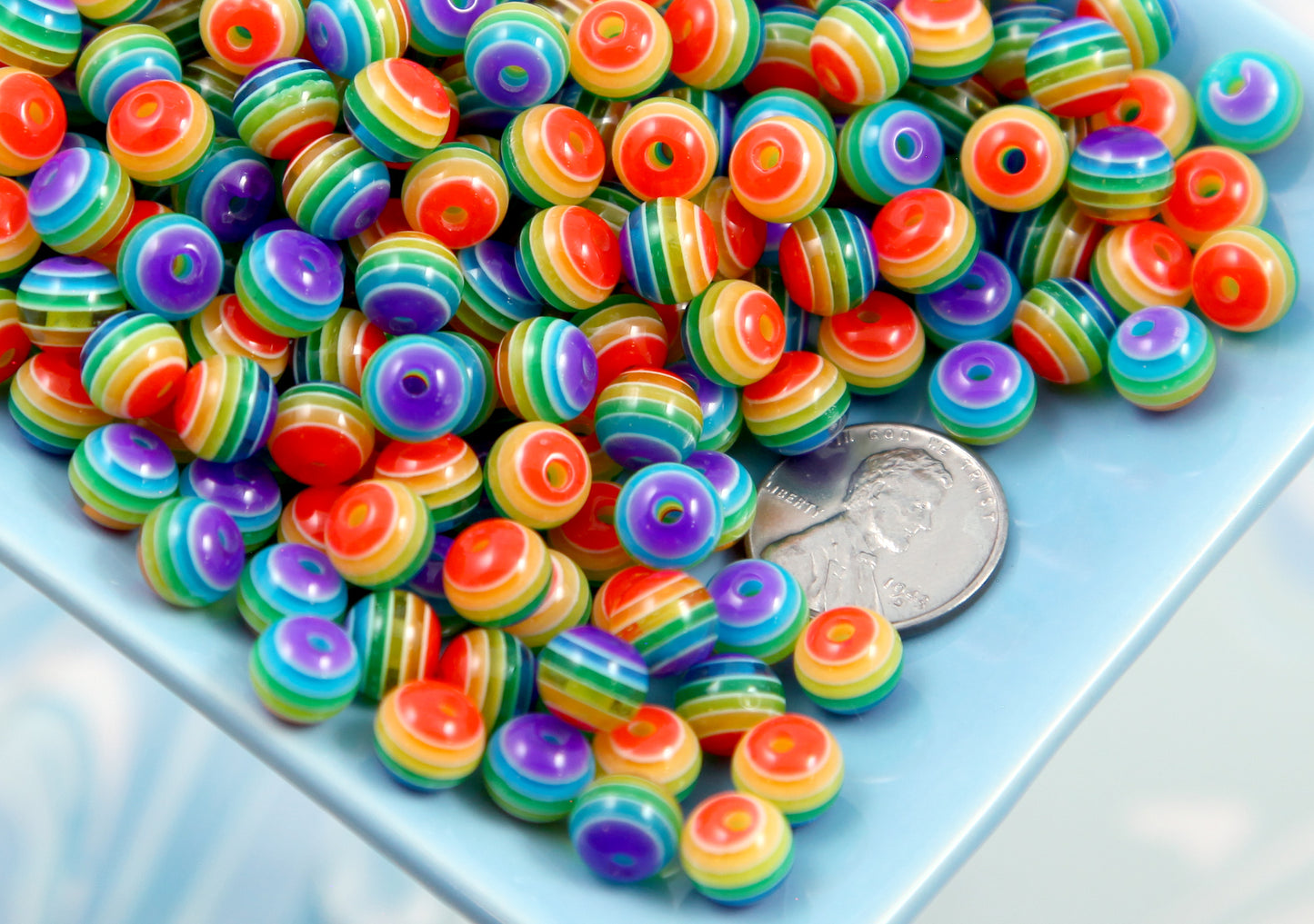 Rainbow Beads - 80 pieces - 8mm Bright Rainbow Striped Resin Beads, small size plastic or acrylic beads