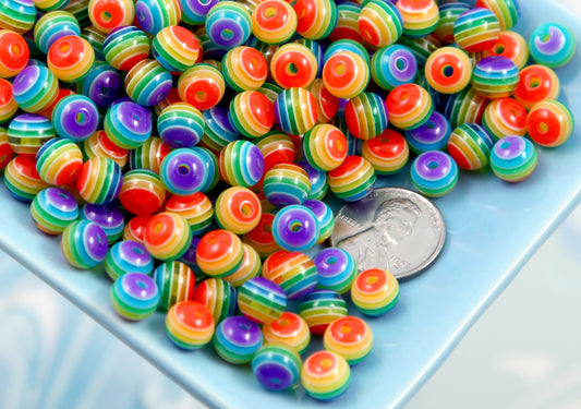Rainbow Beads - 80 pieces - 8mm Bright Rainbow Striped Resin Beads, small size plastic or acrylic beads