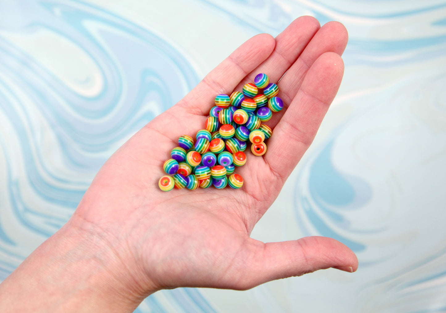 Rainbow Beads - 80 pieces - 8mm Bright Rainbow Striped Resin Beads, small size plastic or acrylic beads