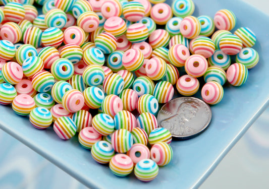Rainbow Beads - 80 pieces - 8mm White Rainbow Striped Resin Beads, small size plastic or acrylic beads