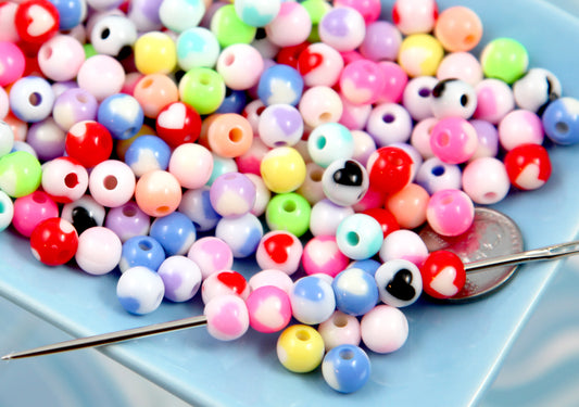 Tiny Heart Beads - 120 pieces - 8mm Tiny Inlaid Heart Acrylic Beads - Little Heart Pattern Round Beads