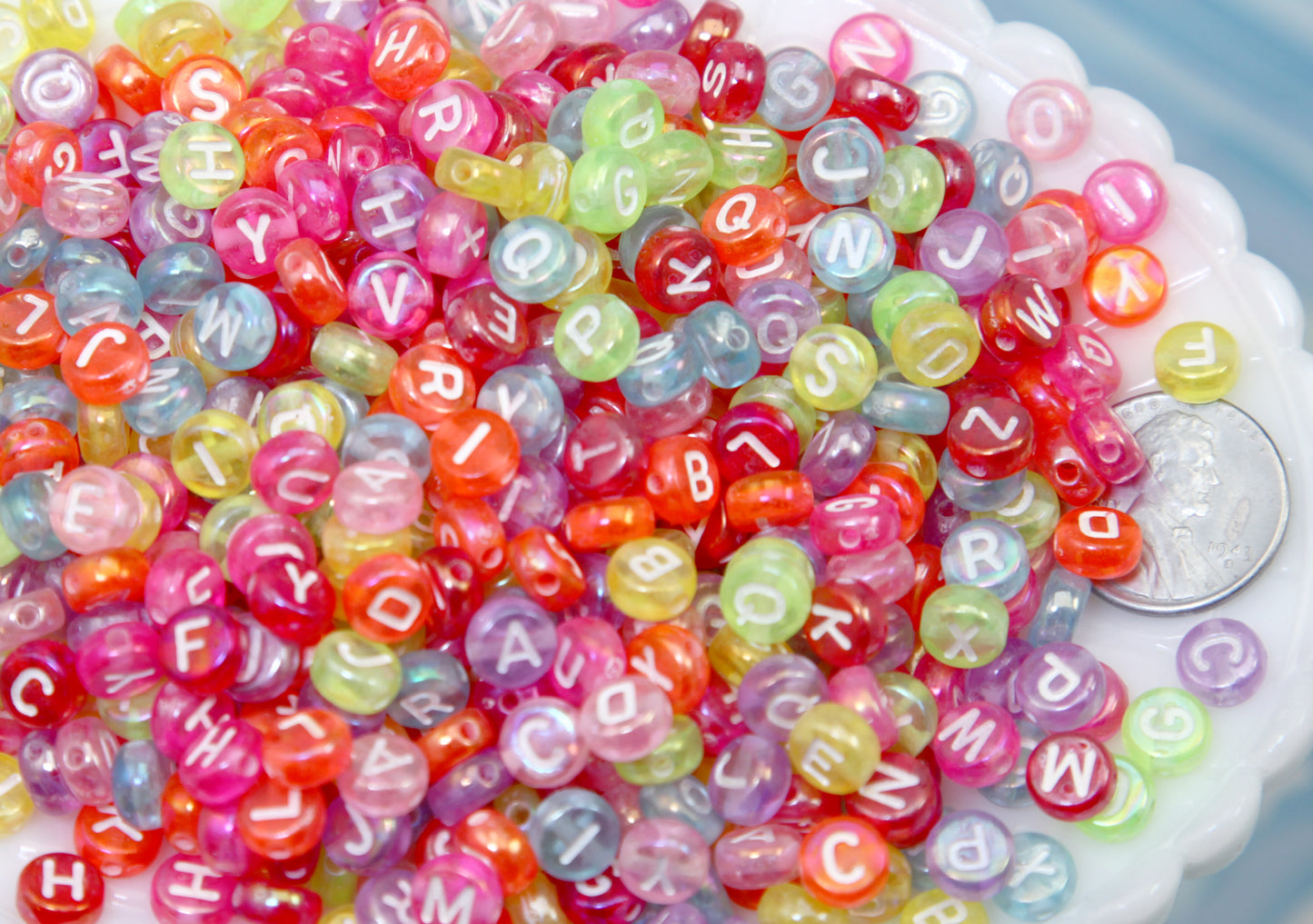 Colorful AB Letter Beads (300 pcs) 7mm Iridescent Translucent Acrylic Alphabet Bead