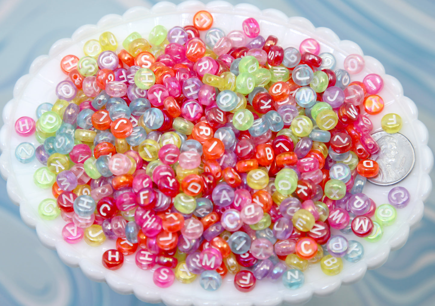 Colorful AB Letter Beads (300 pcs) 7mm Iridescent Translucent Acrylic Alphabet Bead