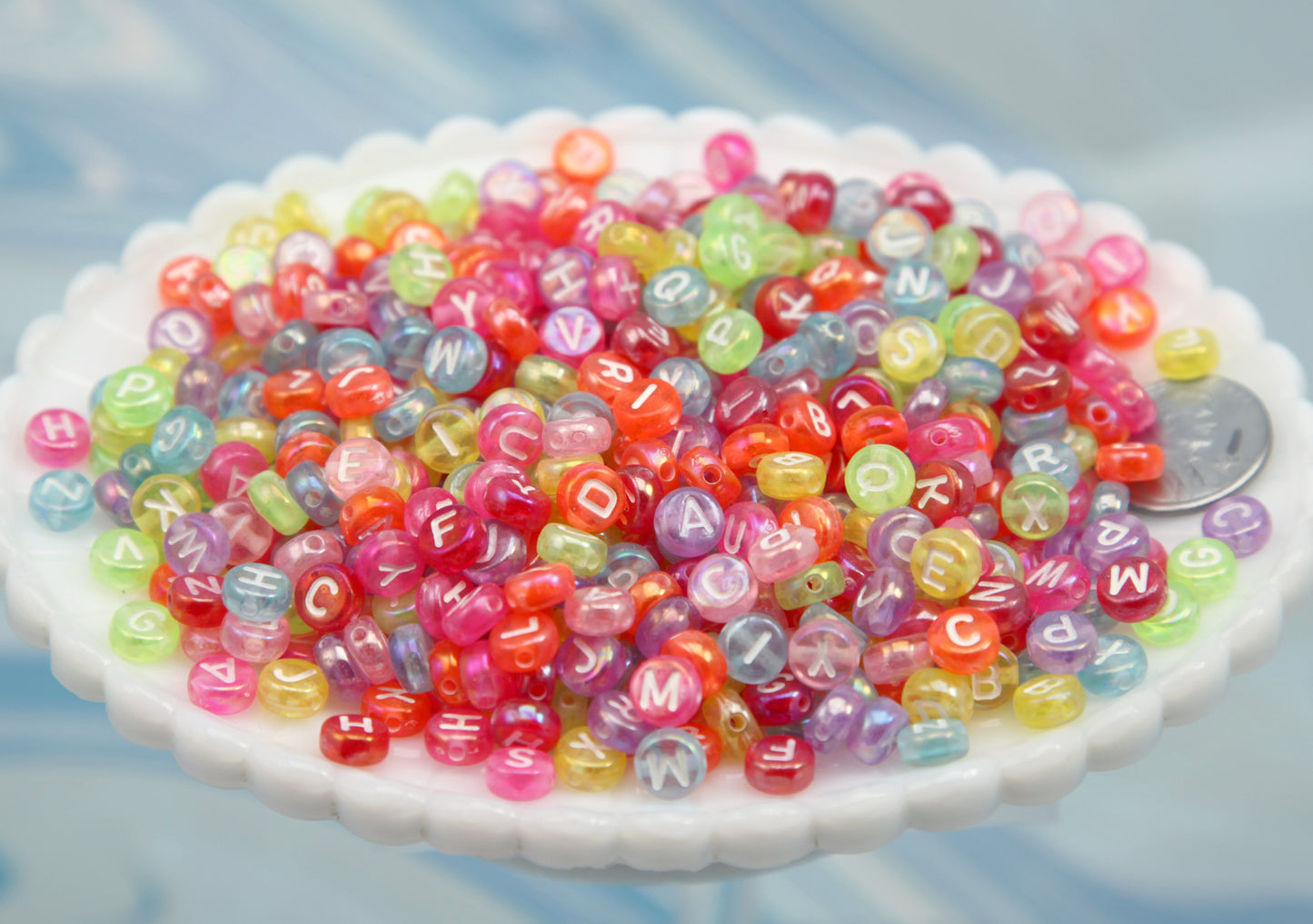 Colorful AB Letter Beads (300 pcs) 7mm Iridescent Translucent Acrylic Alphabet Bead