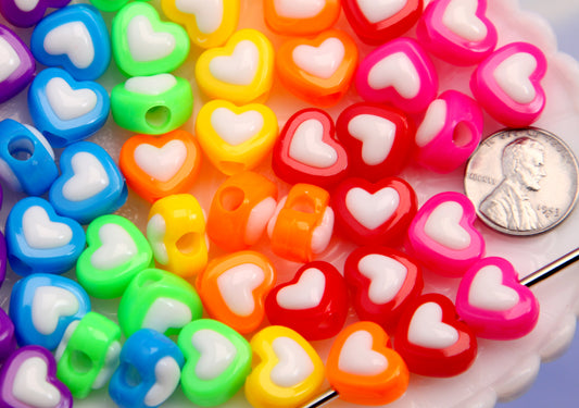 Opaque Super Bright Beads - 75 pieces - 14mm Heart Bead Two Tone Solid Center Acrylic Double Heart Beads