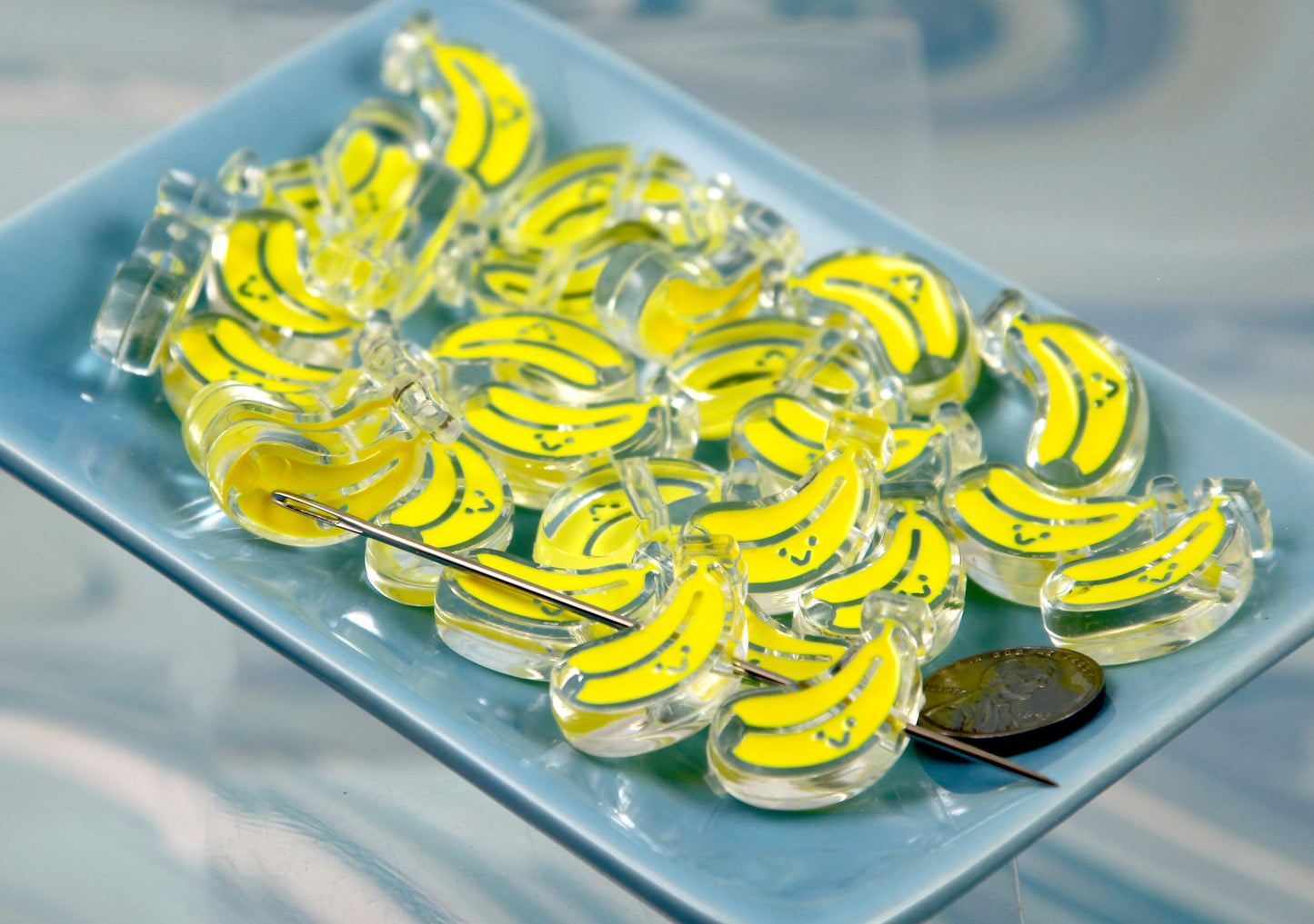 Banana Beads - 25mm Cute Happy Bananas Enamel Style Acrylic Beads or Resin Beads (12 pieces)