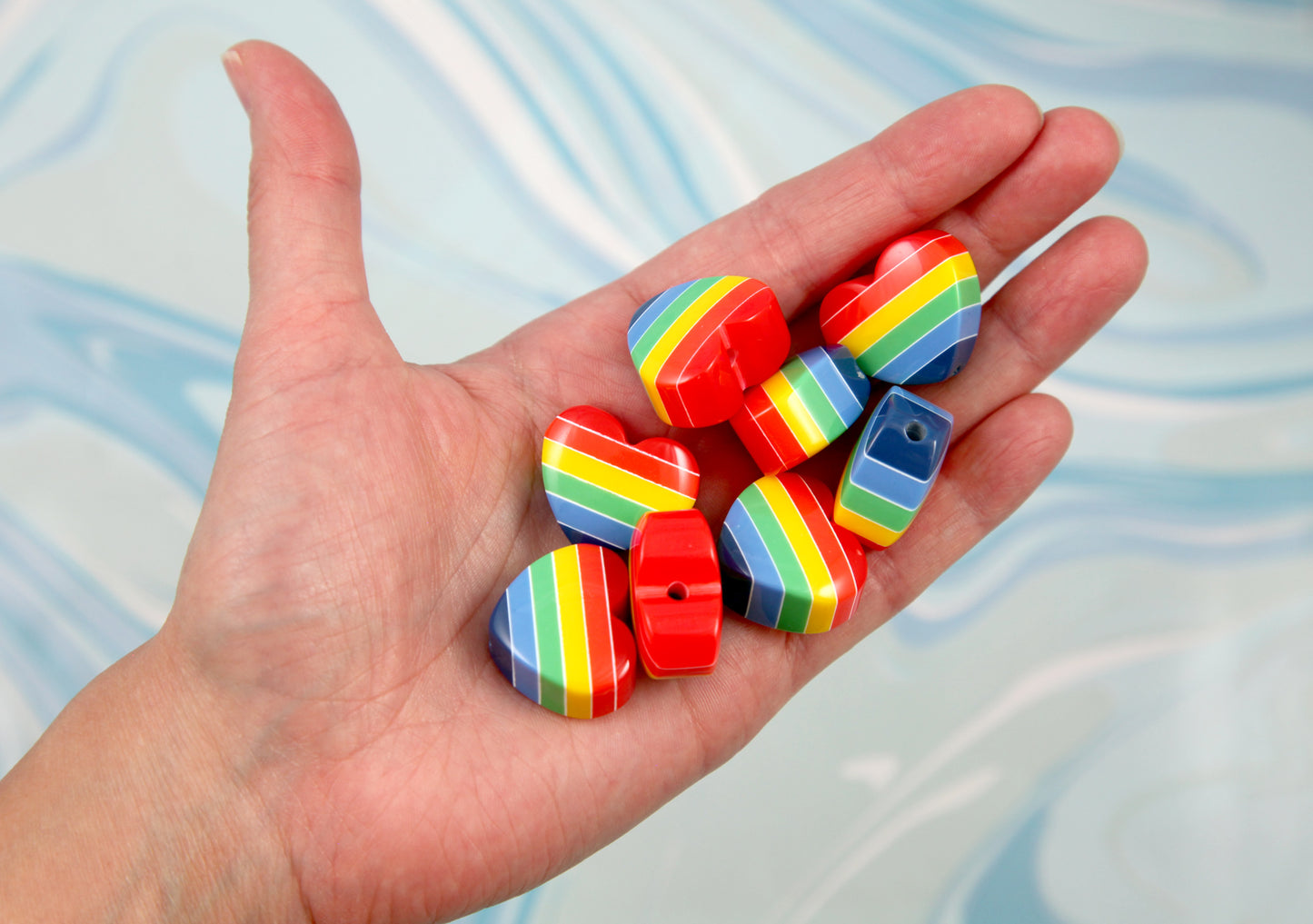 Rainbow Heart Beads - 25mm Rainbow Stripe Hearts Resin or Acrylic Beads - 5 pc set