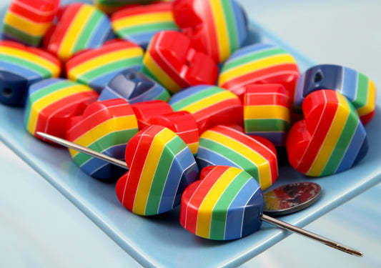 Rainbow Heart Beads - 25mm Rainbow Stripe Hearts Resin or Acrylic Beads - 5 pc set
