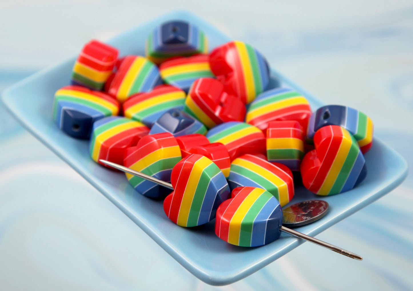 Rainbow Heart Beads - 25mm Rainbow Stripe Hearts Resin or Acrylic Beads - 5 pc set